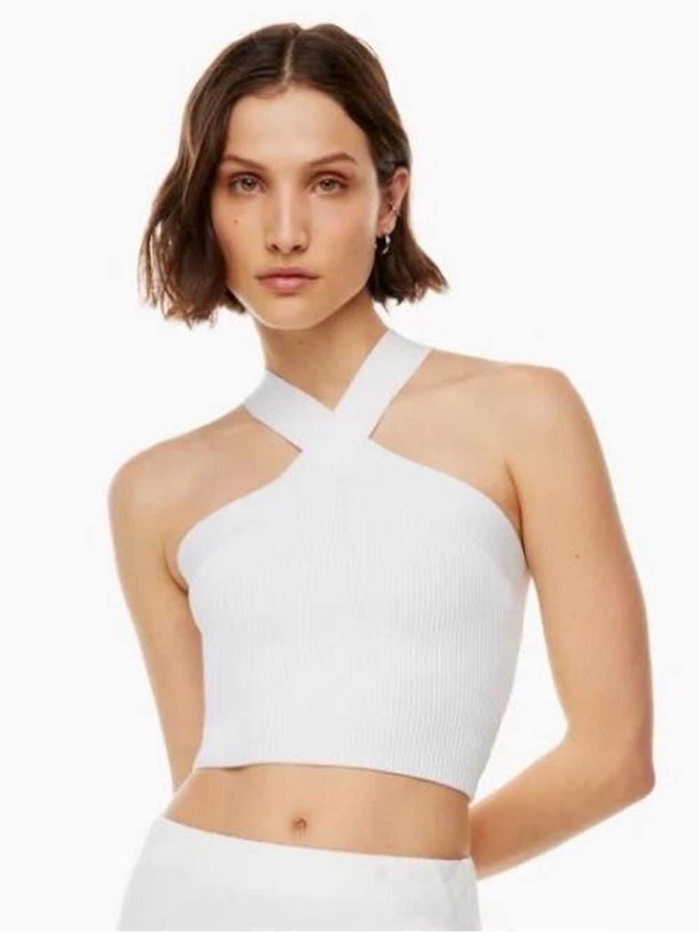 Aritzia Babaton Sculpt Knit Criss Cross crop top White ribbed Size 2XS